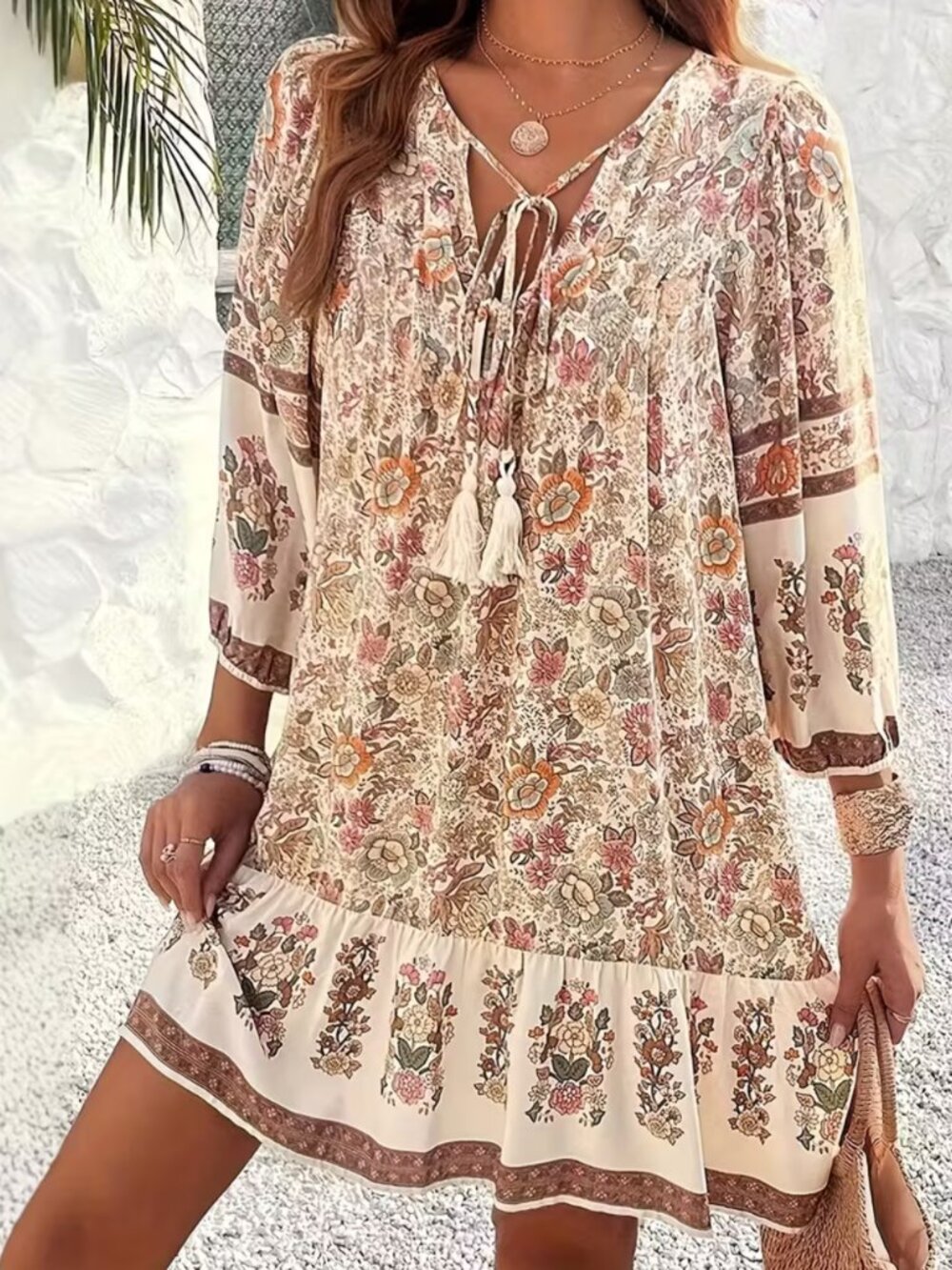 NWT Boho Floral Mini Dress Tassel Tie Neck Puff Sleeve Babydoll Shift Size 14